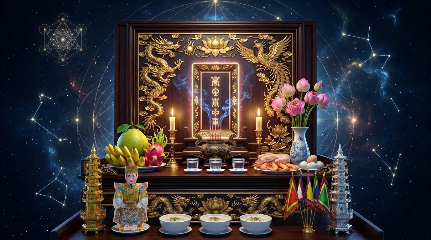 Bàn thờ gia tiên truyền thống Việt Nam: khám thờ sơn son thếp vàng, rồng phượng, bài vị, bát hương, đèn nến, mâm ngũ quả và lọ hoa trên nền vũ trụ huyền học.
